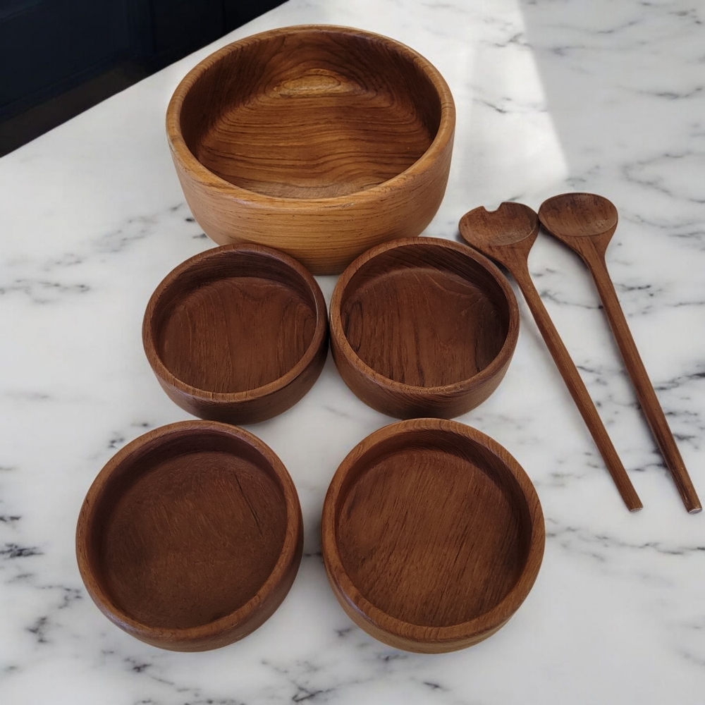 Vintage Mid Century Modern Teak Wood Salad Bowl Set - 7 Pieces